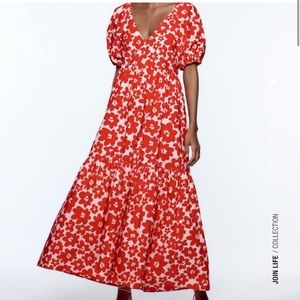 NWT Zara Red and White Floral Printed Poplin Dress - Size XL